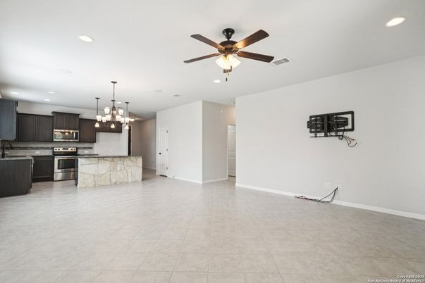 Chandelier, Empty room, Interior, Kitchen, Pendant Lights, Recessed Lighting, Stainless Steel Appliances