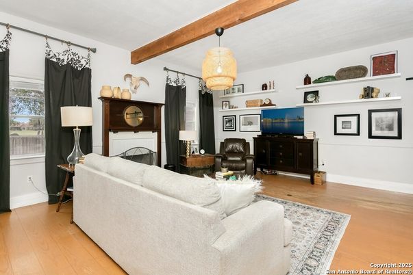 Fireplace, Interior, Living room, Pendant Lights, Wooden Beams, Wood Texture Flooring