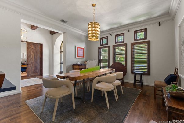 Dining room, Interior, Pendant Lights, Wood Texture Flooring