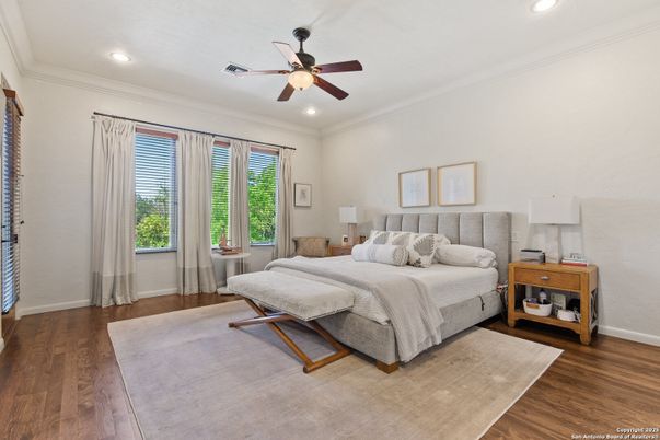 Bedroom, Interior, Recessed Lighting, Wood Texture Flooring