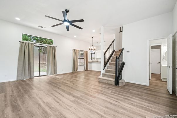 Empty room, Interior, Pendant Lights, Recessed Lighting, Wood Texture Flooring