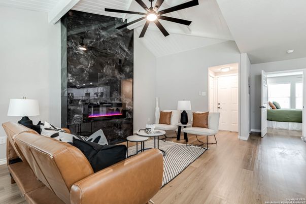 Fireplace, Interior, Living room, Marble Walls, Wood Texture Flooring