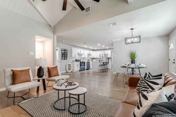 Dining room, Interior, Kitchen, Living room, Pendant Lights, Recessed Lighting, Stainless Steel Appliances, Wood Texture Flooring