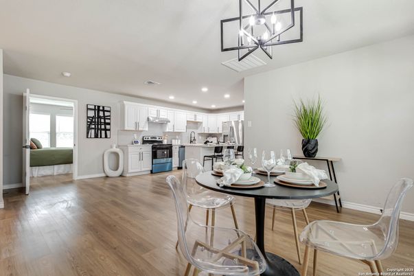 Dining room, Interior, Kitchen, Pendant Lights, Recessed Lighting, Wood Texture Flooring
