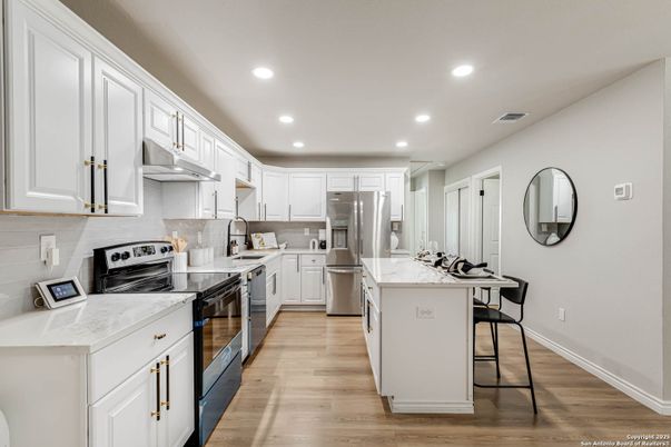 Interior, Kitchen, Recessed Lighting, Stainless Steel Appliances, Wood Texture Flooring