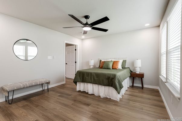 Bedroom, Interior, Recessed Lighting, Wood Texture Flooring