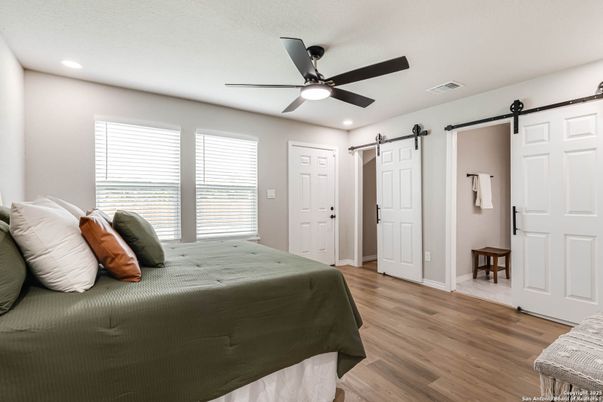 Bedroom, Interior, Recessed Lighting, Wood Texture Flooring