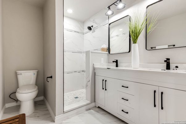 Bathroom, Glass Shower, Interior, Marble, Marble Walls, Recessed Lighting