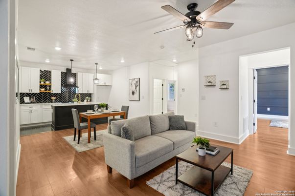 Dining room, Interior, Kitchen, Living room, Pendant Lights, Recessed Lighting, Wood Texture Flooring