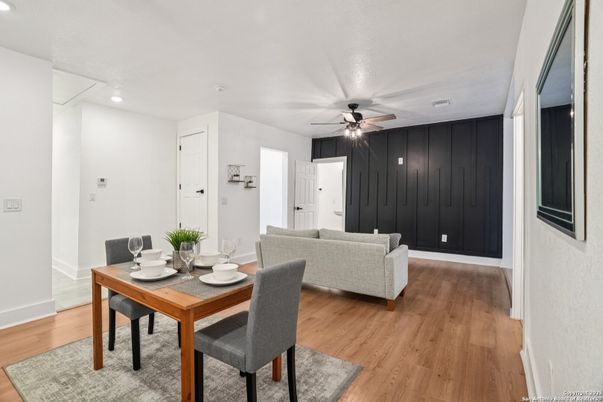 Dining room, Interior, Living room, Recessed Lighting, Wood Texture Flooring