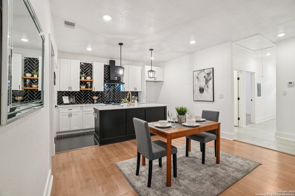 Dining room, Interior, Kitchen, Pendant Lights, Recessed Lighting, Wood Texture Flooring