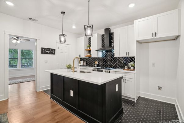 Interior, Kitchen, Pendant Lights, Recessed Lighting, Wood Texture Flooring