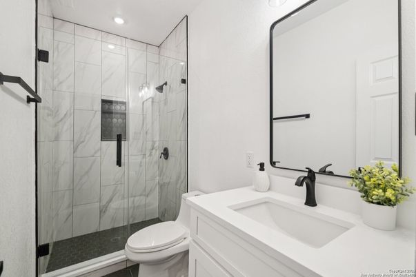 Bathroom, Glass Shower, Interior, Marble Walls, Recessed Lighting