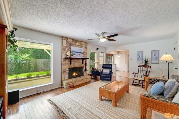 Dining room, Fireplace, Interior, Living room, Stone Walls, Wood Texture Flooring