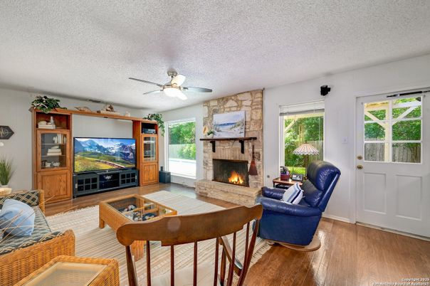 Fireplace, Interior, Living room, Stone Walls, Wood Texture Flooring