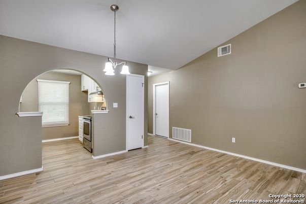 Empty room, Interior, Kitchen, Pendant Lights, Wood Texture Flooring