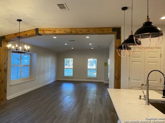 Empty room, Interior, Pendant Lights, Recessed Lighting, Wooden Beams, Wood Texture Flooring
