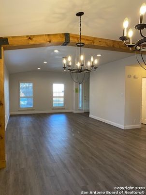 Chandelier, Empty room, Interior, Recessed Lighting, Wooden Beams, Wood Texture Flooring