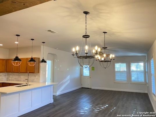 Chandelier, Interior, Kitchen, Pendant Lights, Recessed Lighting, Wood Texture Flooring