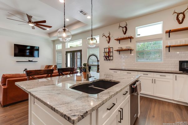 Dining room, Interior, Kitchen, Pendant Lights, Recessed Lighting, Wood Texture Flooring