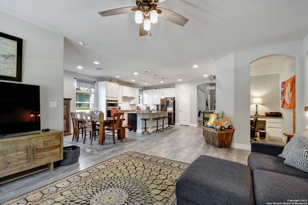 Dining room, Interior, Kitchen, Living room, Pendant Lights, Recessed Lighting, Stainless Steel Appliances, Wood Texture Flooring