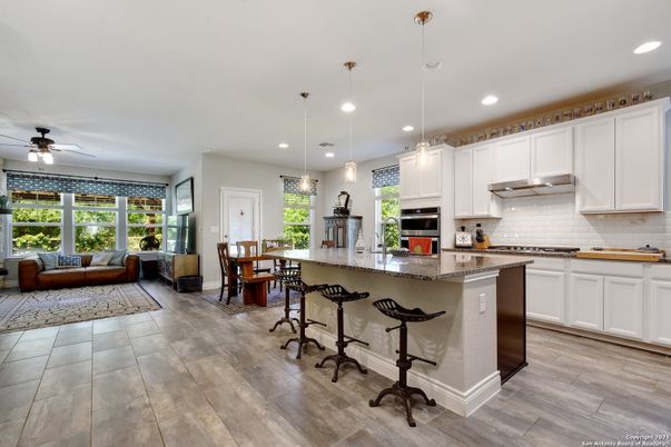Dining room, Interior, Kitchen, Pendant Lights, Recessed Lighting, Wood Texture Flooring