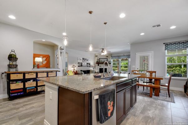 Dining room, Interior, Kitchen, Pendant Lights, Recessed Lighting, Wood Texture Flooring