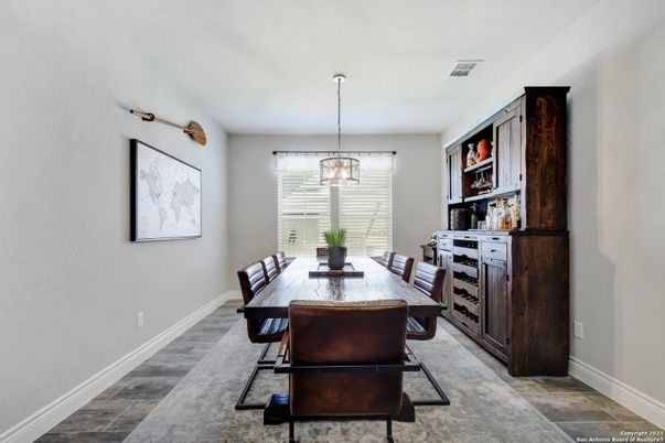 Dining room, Interior, Pendant Lights, Wood Texture Flooring