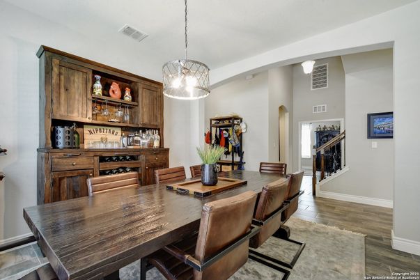 Dining room, Interior, Pendant Lights, Wood Texture Flooring