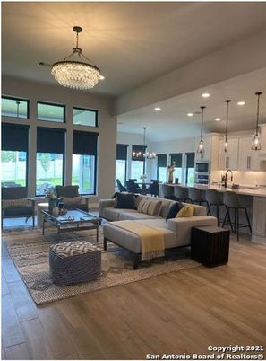 Chandelier, Dining room, Interior, Kitchen, Living room, Pendant Lights, Recessed Lighting, Wood Texture Flooring