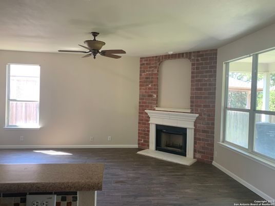 Empty room, Fireplace, Interior, Stone Walls, Wood Texture Flooring