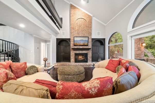 Fireplace, Interior, Living room, Recessed Lighting, Stone Walls