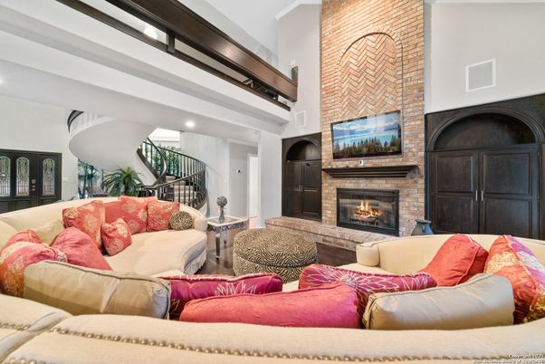 Fireplace, Interior, Living room, Recessed Lighting, Stone Walls