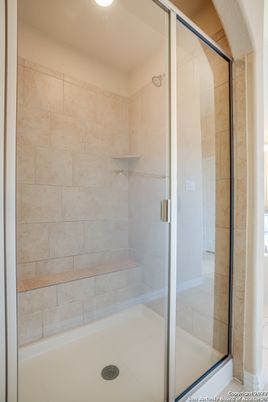 Bathroom, Glass Shower, Interior, Recessed Lighting, Stone Walls