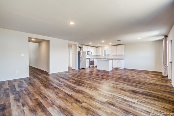Empty room, Interior, Kitchen, Recessed Lighting, Wood Texture Flooring