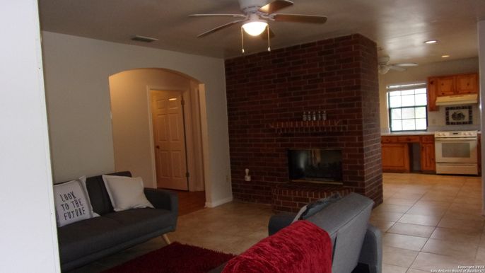 Fireplace, Interior, Kitchen, Recessed Lighting, Stone Walls