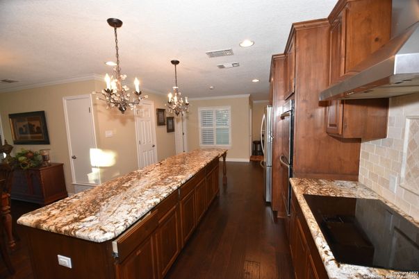 Chandelier, Interior, Kitchen, Recessed Lighting, Wood Texture Flooring