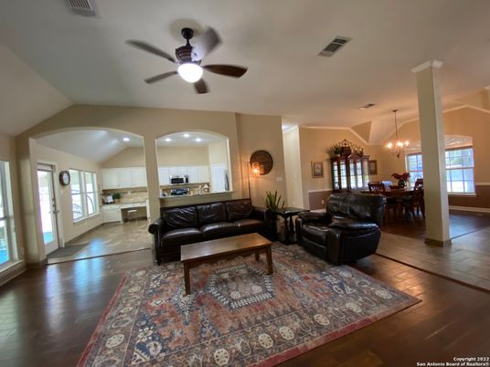 Dining room, Interior, Living room, Pendant Lights, Recessed Lighting, Wood Texture Flooring