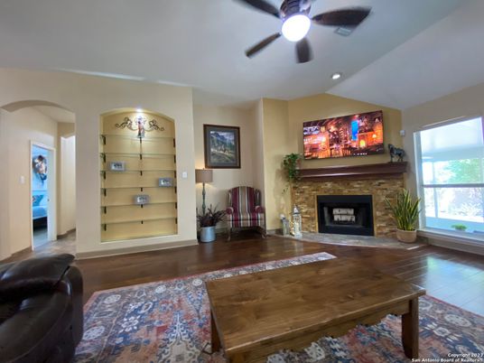 Fireplace, Interior, Recessed Lighting, Wood Texture Flooring