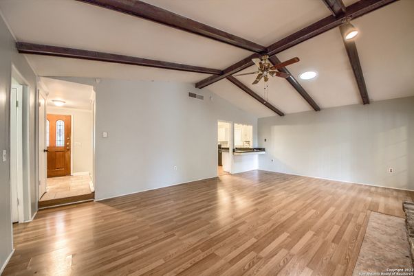 Empty room, Interior, Recessed Lighting, Wooden Beams, Wood Texture Flooring