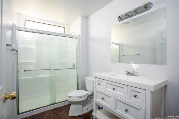 Bathroom, Glass Shower, Interior, Wood Texture Flooring