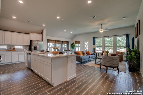 Interior, Kitchen, Living room, Recessed Lighting, Stainless Steel Appliances, Wood Texture Flooring