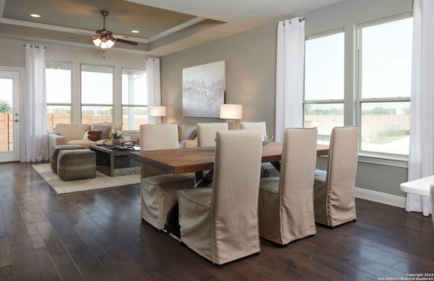 Dining room, Interior, Living room, Recessed Lighting, Wood Texture Flooring