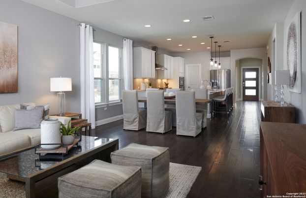 Dining room, Interior, Kitchen, Living room, Pendant Lights, Recessed Lighting, Stainless Steel Appliances, Wood Texture Flooring