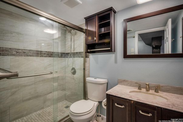 Bathroom, Glass Shower, Interior, Marble Walls, Recessed Lighting