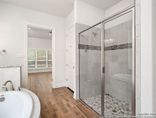 Bathroom, Glass Shower, Interior, Wood Texture Flooring