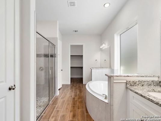 Bathroom, Glass Shower, Interior, Recessed Lighting, Wood Texture Flooring