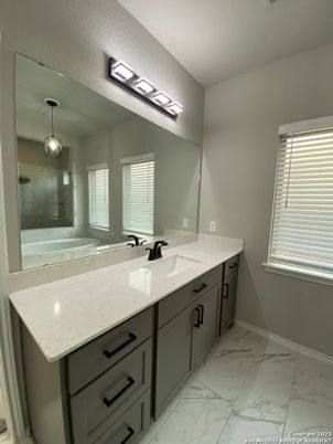 Bathroom, Dual Sink Vanities, Interior, Marble, Pendant Lights