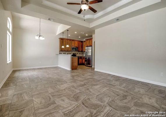 Empty room, Interior, Kitchen, Pendant Lights, Recessed Lighting, Stainless Steel Appliances