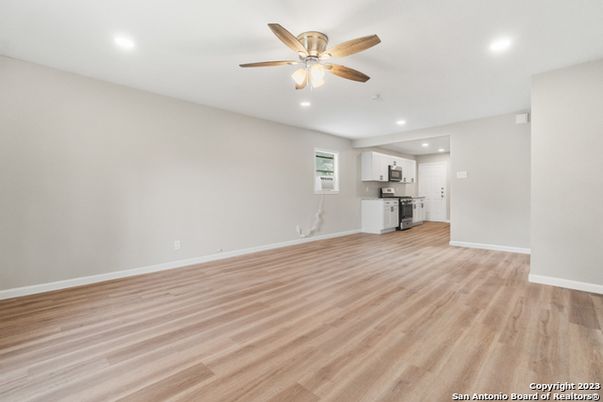 Empty room, Interior, Kitchen, Recessed Lighting, Wood Texture Flooring